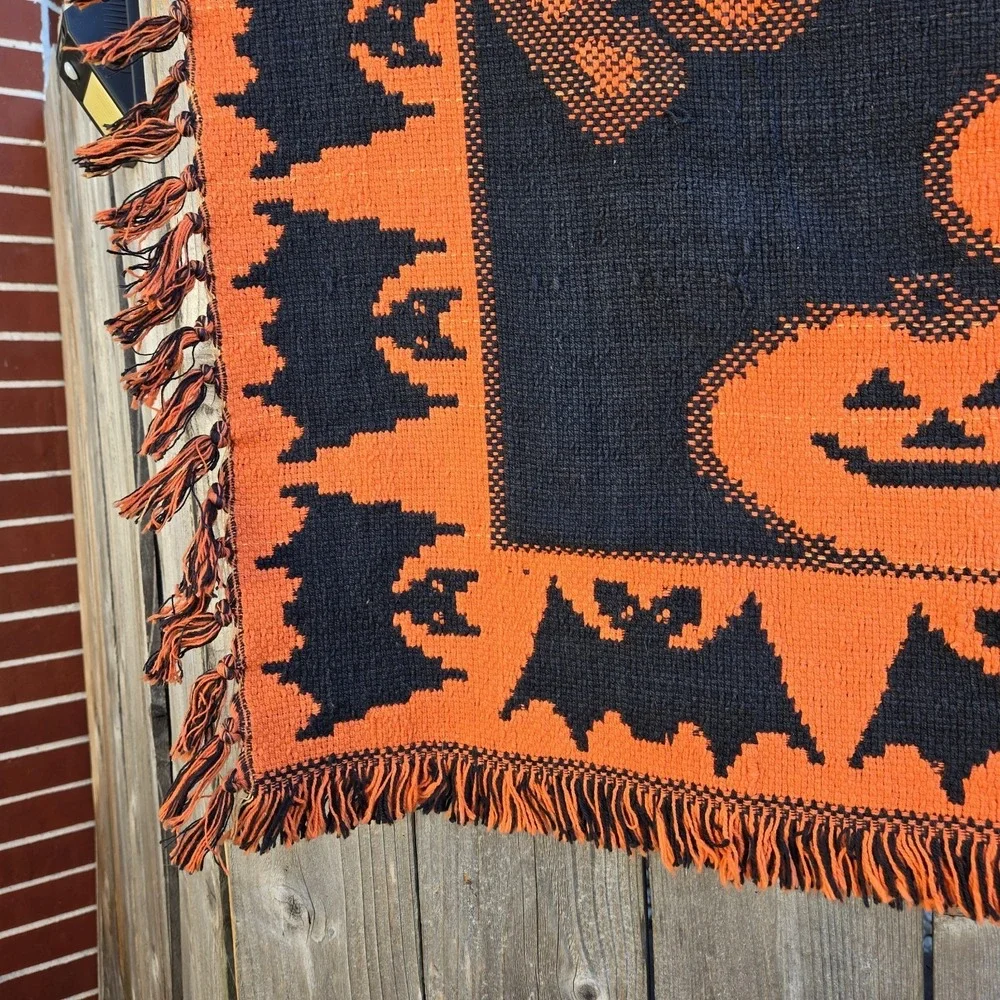 Vtg 1996 Windham Trading Pumpkin Halloween Tapestry Rug Throw Decor 30 X 48